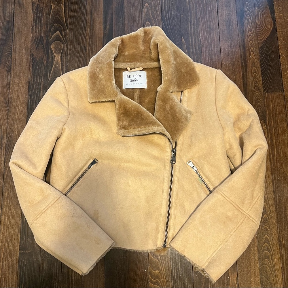 (SOLD) Faux tan suede and fur zip motorcycle jacket